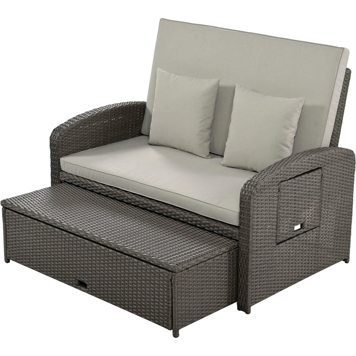 PE Wicker Rattan Double Chaise Lounge, 2-Person Reclining Daybed with Cushions and Cover