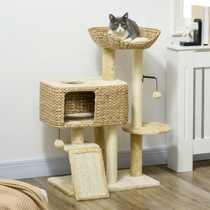 38" Cat Tree for Indoor Cats, Cat Tower with Scratching Posts, Ramp, Condo, Toy Balls, Platform, Bed, Ramp, Beige - DTYStore