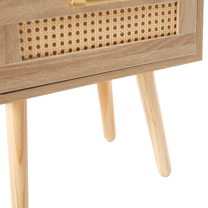 15.75" Rattan End table with drawer and solid wood legs, Modern nightstand, side table for living room, bedroom,natural - DTYStore