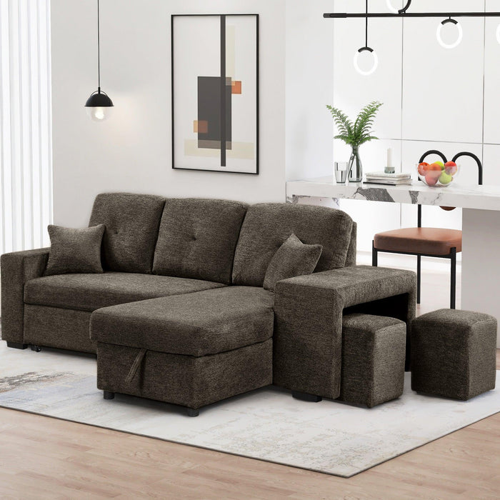 Reversible Sleeper Sectional Sofa Bed with Side Shelf and 2 Stools,Pull-Out L-Shaped Sofa Bed,Corner Sofa-Bed with Storage Chaise Left/Right Hande for Living Room,Knox Charcoal