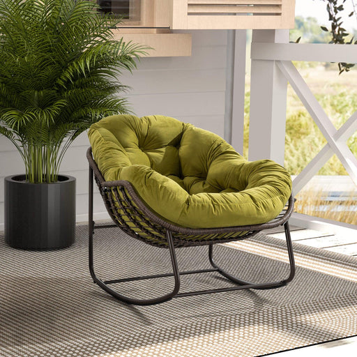 Outdoor Rattan Rocking Chair,Padded Cushion Rocker Recliner Chair Outdoor for Front Porch, Living Room, Patio, Garden, Olive Green - DTYStore