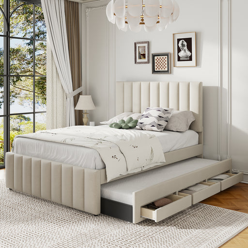 Full Size Upholstered Platform Bed with Twin Size Trundle and 3 Drawers, Linen Fabric, Beige - DTYStore