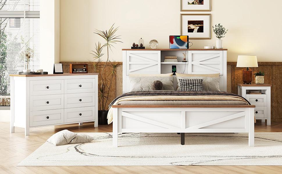 3-Pieces Bedroom Sets Queen Size Farmhouse Platform Bed with Double Sliding Door Storage Headboard, Storage Nightstand and Dresser, White+Brown