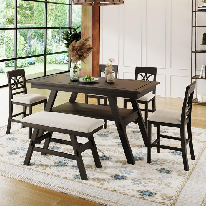 6-Piece Wood Counter Height Dining Table Set with Storage Shelf, Rustic Style, Kitchen Table Set with Bench and 4 Chairs