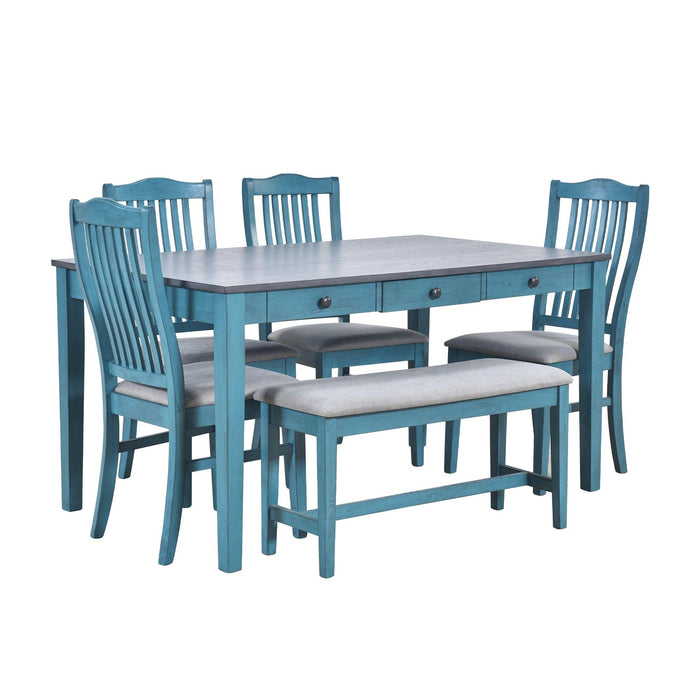 Mid-Century 6-Piece Wood Dining Table Set, Kitchen Table Set with Drawer, Upholstered Chairs and Bench, Antique Blue