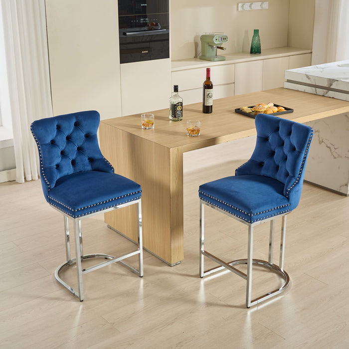 25' Counter Height Bar Stools Set of 2, Modern Velvet Barstools with Button Back&Rivet Trim Upholstered Kitchen Island Chairs with Sturdy Chromed Metal Base Legs Farmhouse Bar Stools, (Blue,2 Pack) - DTYStore