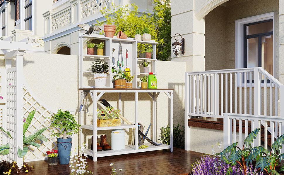 64.6" Large Outdoor Potting Bench, Garden Potting Table, Wood Workstation with 6-Tier Shelves and Side Hook