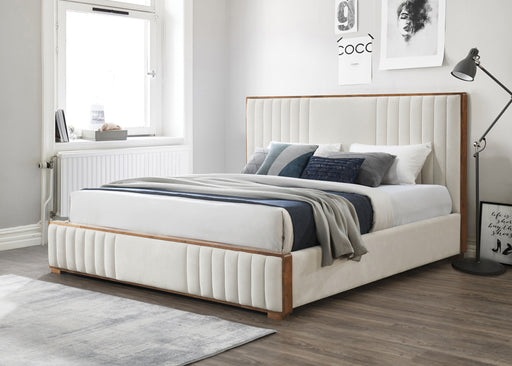 Kaleea Beige Chenille & Walnut Finish EK Bed - DTYStore