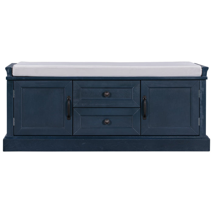 TREXM Storage Bench with 2 Drawers and 2 Cabinets, Shoe Bench with Removable Cushion for Living Room, Entryway (Antique Navy)