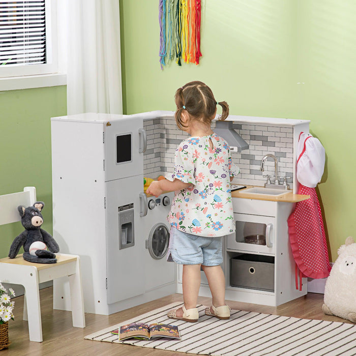 Corner Play Kitchen Set with Sound Effects and Tons of Countertop Space, Large Wooden Kitchen with Washing Machine, Food Toys, Ice Maker, Kids Kitchen, Ages 3-6, White