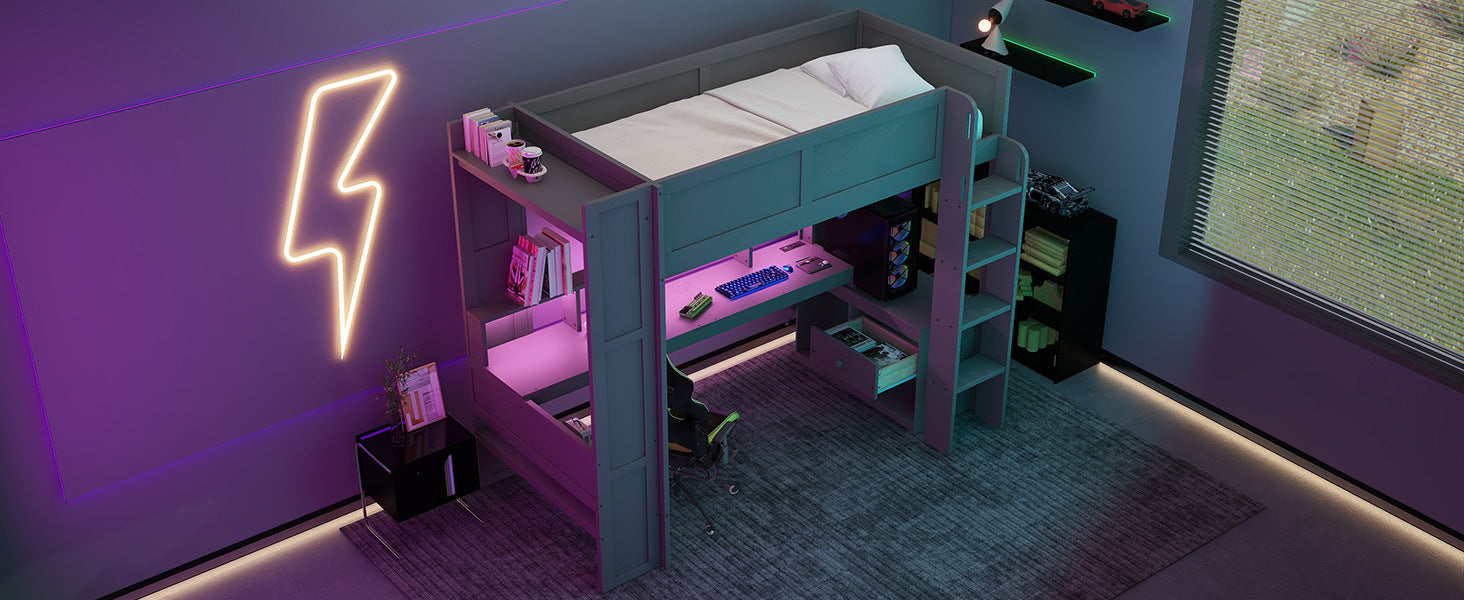 Wood Twin Size Gaming Loft Bed with Desk, Multi-storage Shelves, LED and Charging Station, Dark Gray - DTYStore