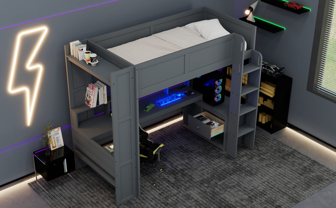 Wood Twin Size Gaming Loft Bed with Desk, Multi-storage Shelves, LED and Charging Station, Dark Gray - DTYStore