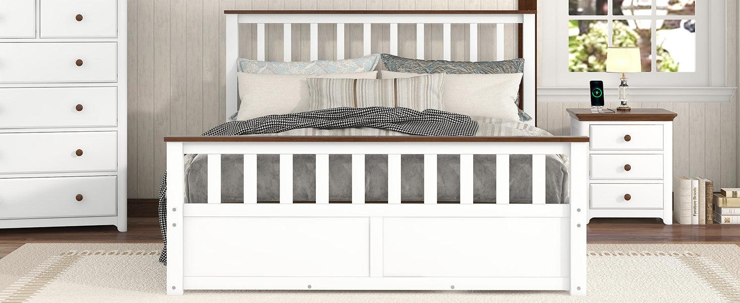 Queen Size Wood Platform Bed with Two Drawers and Wooden Slat Support,White+walnut