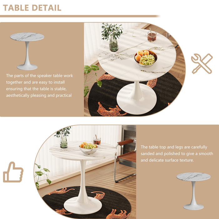 31.4 "round dining table, medieval white marble patterned tulip dining table, 2-3 person metal base dining table, easy to assemble casual coffee table, office desk - DTYStore