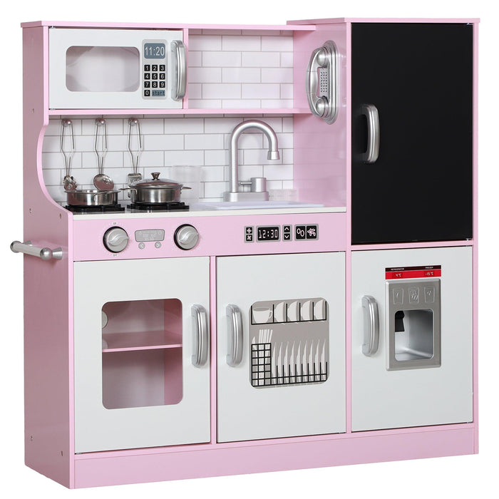 Play Kitchen, Kids Kitchen Playset Pretend Play Toy Kitchen with Play Phone, Chalkboard, Towel Rack, Ice Maker, 5 Accessories, Storage Space, Microwave & Sink, Gift for 3-8 Years, Pink