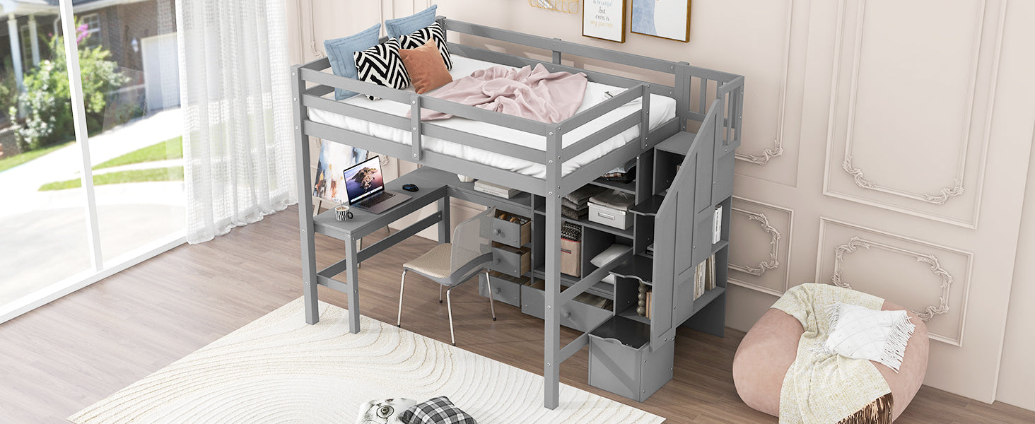 Full Size Loft Bed with L-Shaped Desk and Drawers, Cabinet and Storage Staircase, Gray - DTYStore