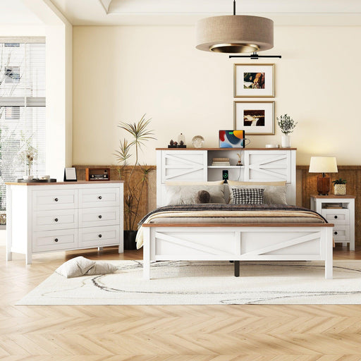3-Pieces Bedroom Sets Queen Size Farmhouse Platform Bed with Double Sliding Door Storage Headboard, Storage Nightstand and Dresser, White+Brown - DTYStore