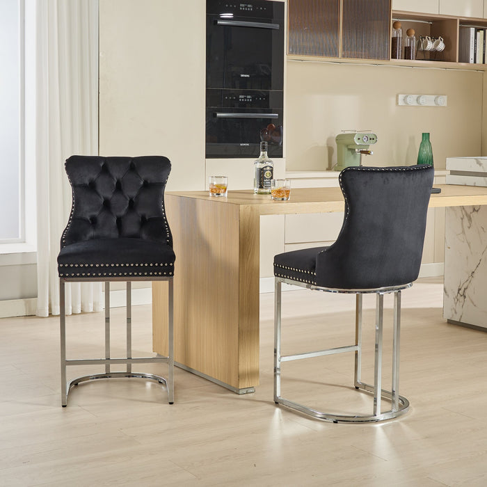 25' Counter Height Bar Stools Set of 2, Modern Velvet Barstools with Button Back&Rivet Trim Upholstered Kitchen Island Chairs with Sturdy Chromed Metal Base Legs Farmhouse Bar Stools, (Black,2 Pack) - DTYStore
