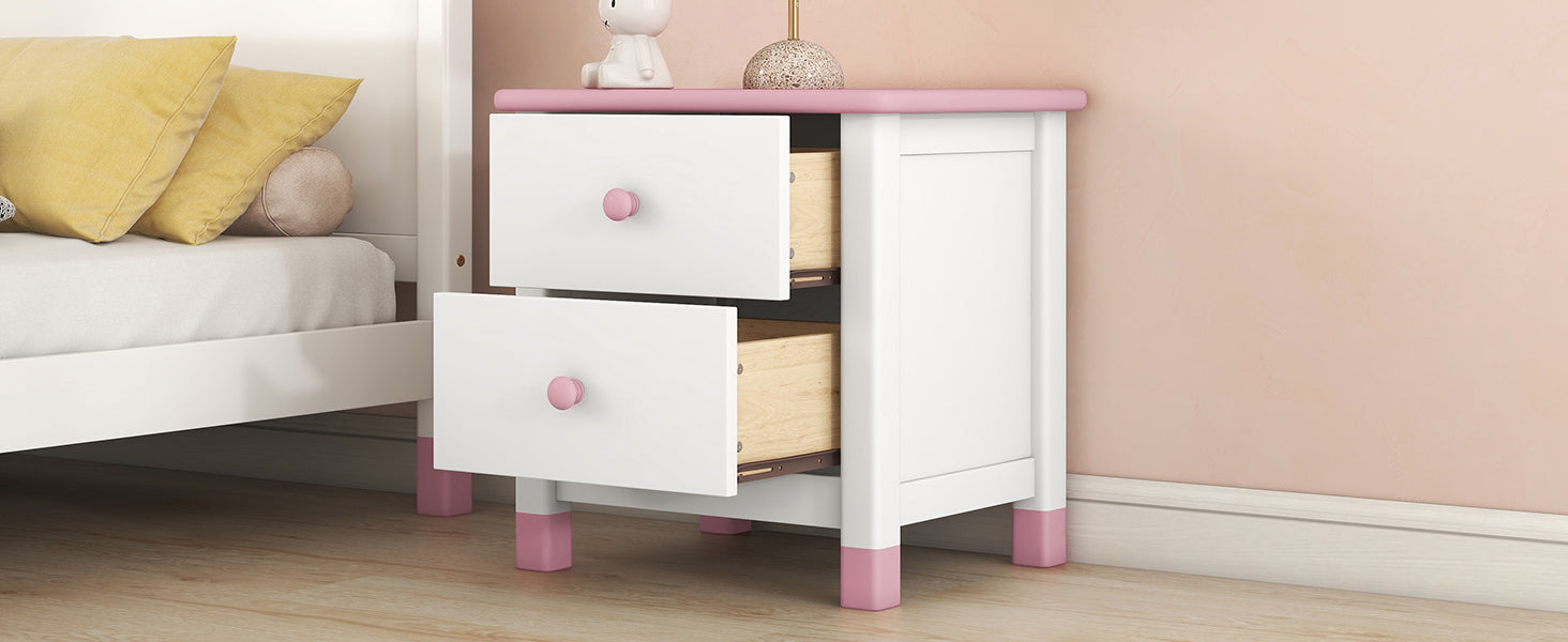 Wooden Nightstand with Two Drawers for Kids,End Table for Bedroom,White+Pink(Old SKU: WF297965AAH) - DTYStore