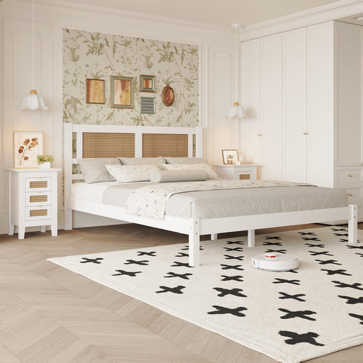 3-Pieces Bedroom Sets Queen Size Wooden Platform Bed with Natural Rattan Headboard, Nightstands Set of 2 with Rattan-Woven Surfaces and Three Drawers for Bedroom, White - DTYStore