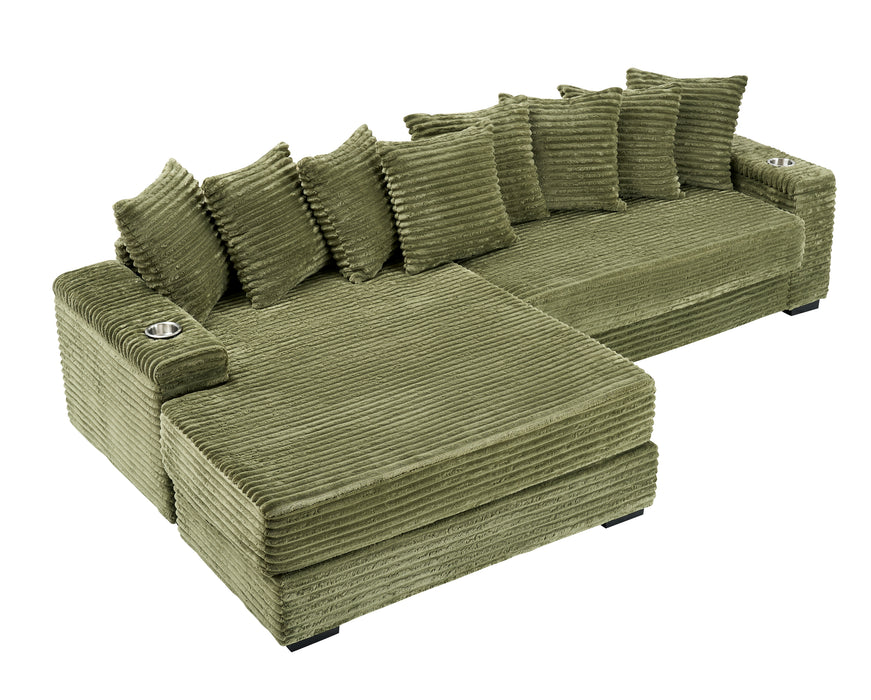 111.4-inch green corduroy sofa with cup holders and lockers on the armrests and a reversible chaise lounge (which can be swapped left and right) is suitable for living rooms and bedrooms. - DTYStore
