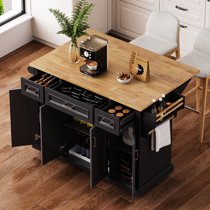 54inch Large Kitchen Island with Rubber Wood Drop Leaf, Embossed Texture Rolling Kitchen Cart on 4 Wheels with 4 Doors and 3 Drawers, Kitchen Island with Storage for Kitchen, Dining Room,Black - DTYStore