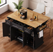 54inch Large Kitchen Island with Rubber Wood Drop Leaf, Embossed Texture Rolling Kitchen Cart on 4 Wheels with 4 Doors and 3 Drawers, Kitchen Island with Storage for Kitchen, Dining Room,Black - DTYStore