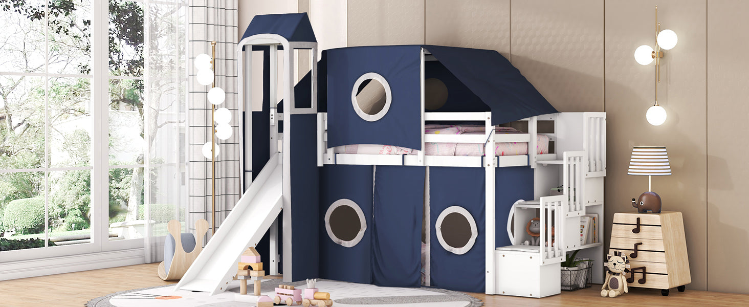 Twin Size Loft Bed with Tent and Tower - Blue - DTYStore