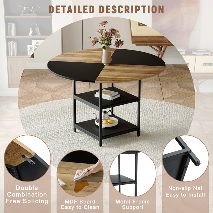 47.3-inch diameter modern splicing circular dining table - double-layer storage, wood and black fan-shaped diagonal color matching design, interpreting home aesthetics and practicality. - DTYStore