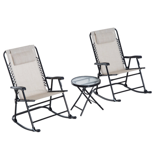 Outsunny 3 Piece Outdoor Rocking Chair Set, Patio Folding Lawn Rocker Set with Glass Coffee Table, Headrests for Yard, Patio, Deck, Backyard, Cream White - DTYStore