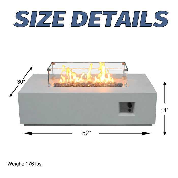 52 Inch Outdoor Concrete Propane gas rectangle Fire Pit table in Antique white color