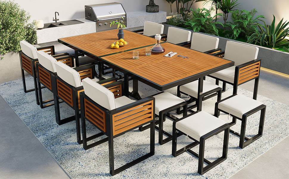 GO 18-Pieces Acacia Wood Patio Dining Set, Space Saving Outdoor Patio Set, 8 Cushioned Chairs & 8 Ottomans & 2 Square Table, for Backyard, Garden, Deck and Poolside, Beige - DTYStore