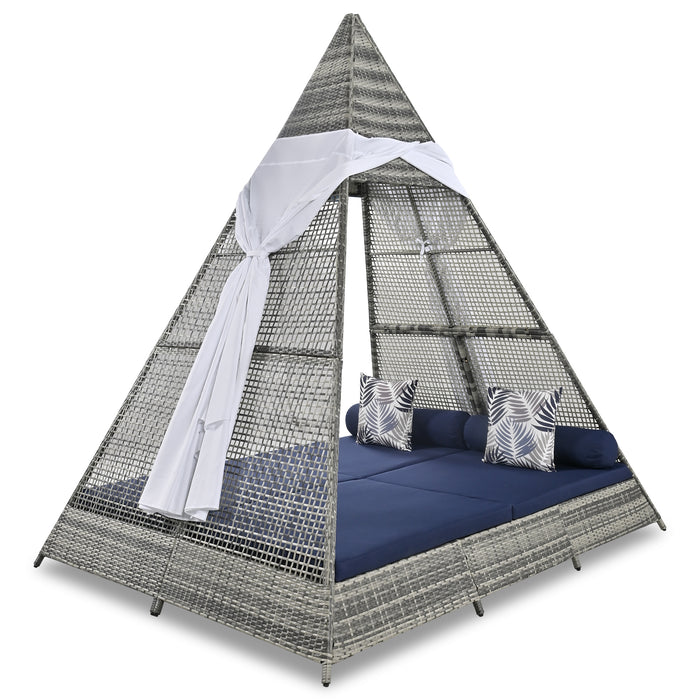 GO 90.5' Length Outdoor Sunbed With Colorful Pillows, Wicker Patio Daybed With Cushions, Tent Shape, Gray And Blue - DTYStore