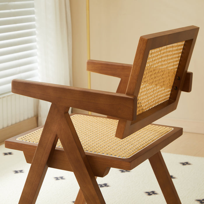 2 dining chairs, walnut color, using rubber wood rattan weaving process, armrest solid wood dining chair, living room chair, simple and natural - DTYStore
