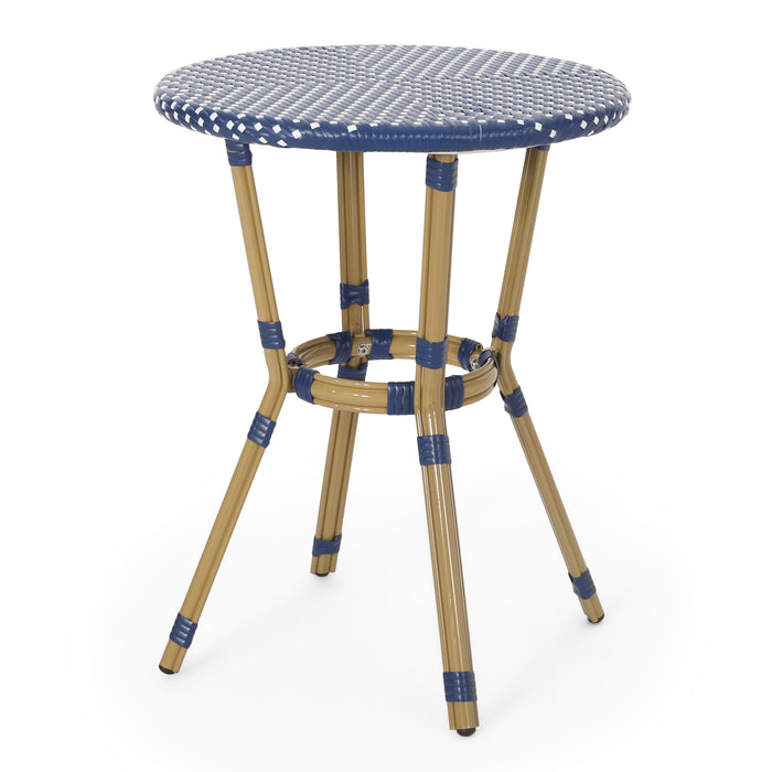 Outdoor PE Rattan and Aluminum 3 Piece French Bistro Set, Dark Teal & White, and Bamboo Finish - DTYStore