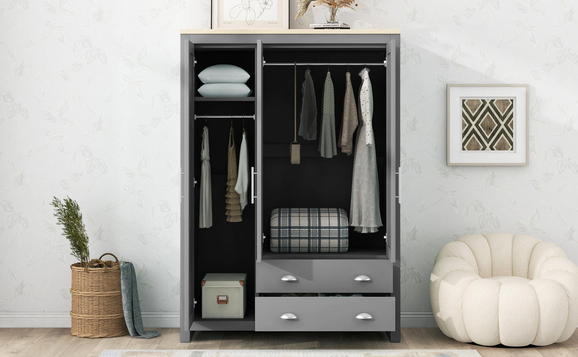 Three Door Storage Wardrobe with Cabinets and Two Hanging Rods,Gray