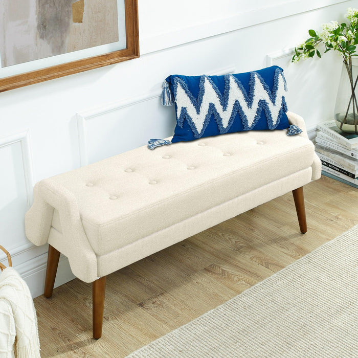 Modern Living Room Bench, made of looped yarn fabric, with soft cushion, irregular geometric armrests, and rubber wooden legs, suitable for living rooms, bedrooms, and entrances--beige