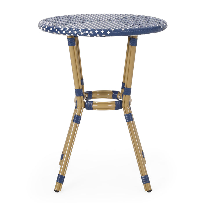 Outdoor PE Rattan and Aluminum 3 Piece French Bistro Set, Dark Teal & White, and Bamboo Finish - DTYStore