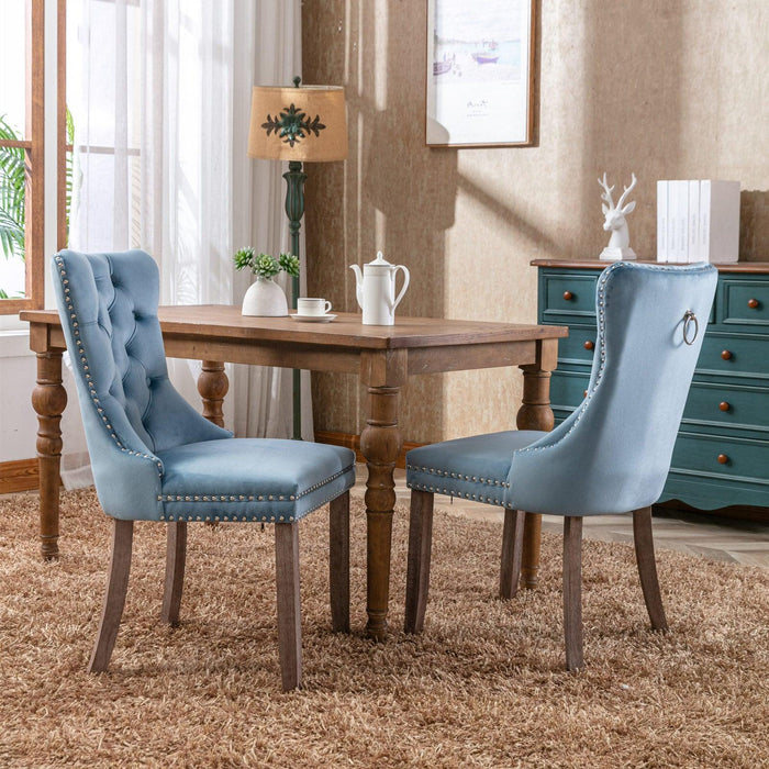 Nikki Collection Modern, High-end Tufted Solid Wood Contemporary Velvet Upholstered Dining Chair with Wood Legs Nailhead Trim 2-Pcs Set,Light Blue