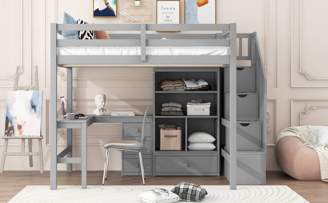Full Size Loft Bed with L-Shaped Desk and Drawers, Cabinet and Storage Staircase, Gray - DTYStore