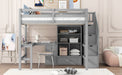 Full Size Loft Bed with L-Shaped Desk and Drawers, Cabinet and Storage Staircase, Gray - DTYStore