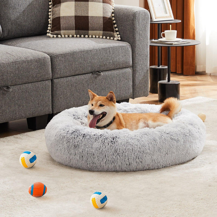 Anti-Slip Round Fluffy Plush Faux Fur Cat Bed, Small gray - DTYStore