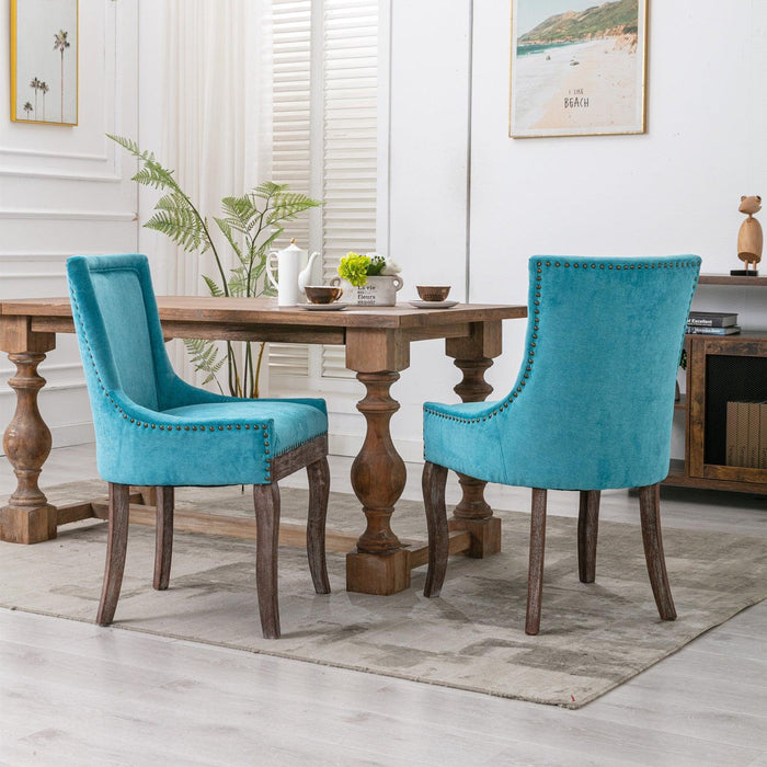 A&A Furniture,Ultra Side Dining Chair，Thickened fabric chairs with neutrally toned solid wood legs， Bronze nail head，Set of 2，Blue