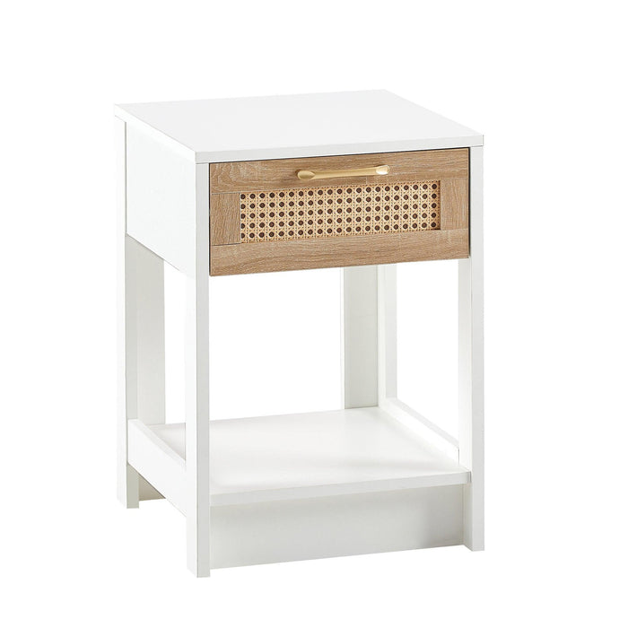 15.75" Rattan End table with drawer, Modern nightstand, side table for living room, bedroom,white - DTYStore