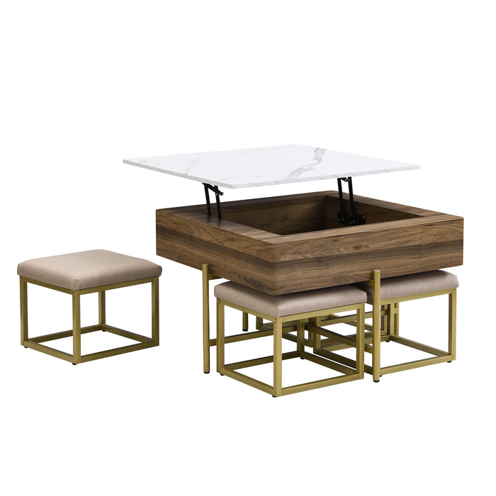 Modern Square Lift-Top Coffee Table Set with Storage & 4 Ottomans White & Walnut - DTYStore