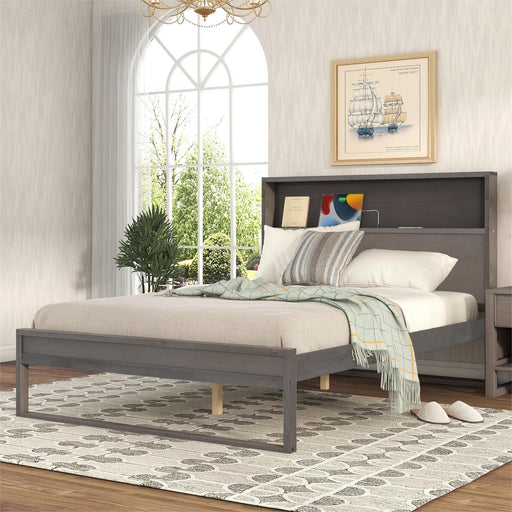 Platform Bed with Storage Headboard,Sockets and USB Ports,Full Size Platform Bed,Antique Gray - DTYStore