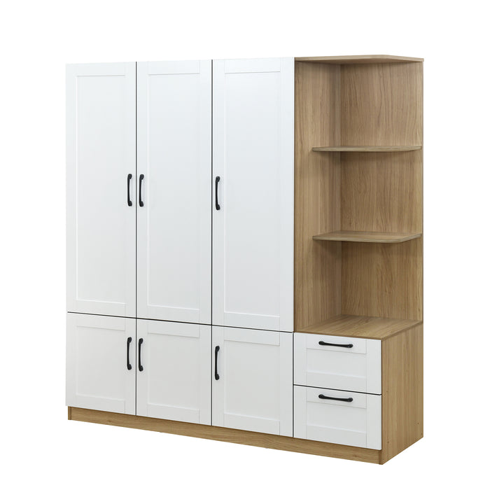 3 Door Wooden Storage Wardrobe for Dedroom with Shelves and 2 Drawers, Side Storage Shelves,White - DTYStore