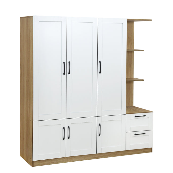 3 Door Wooden Storage Wardrobe for Dedroom with Shelves and 2 Drawers, Side Storage Shelves,White - DTYStore