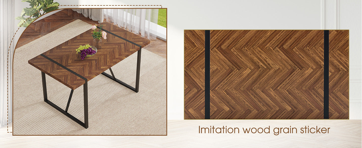 A minimalist retro rectangular dining table with a specially textured top and black metal legs.Contemporary Minimalist MDF Dark Wood Textured Tabletop.Able To Give People A Visual Beauty With Rules. - DTYStore