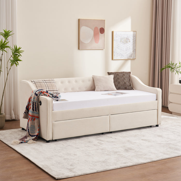 Twin Size Upholstered Daybed with Storage Drawers, Solid Wood Sofábed Bed Frame with Velvet Fabric & Wood Slat Support for Bedroom, Living Room, Office,Beige - DTYStore
